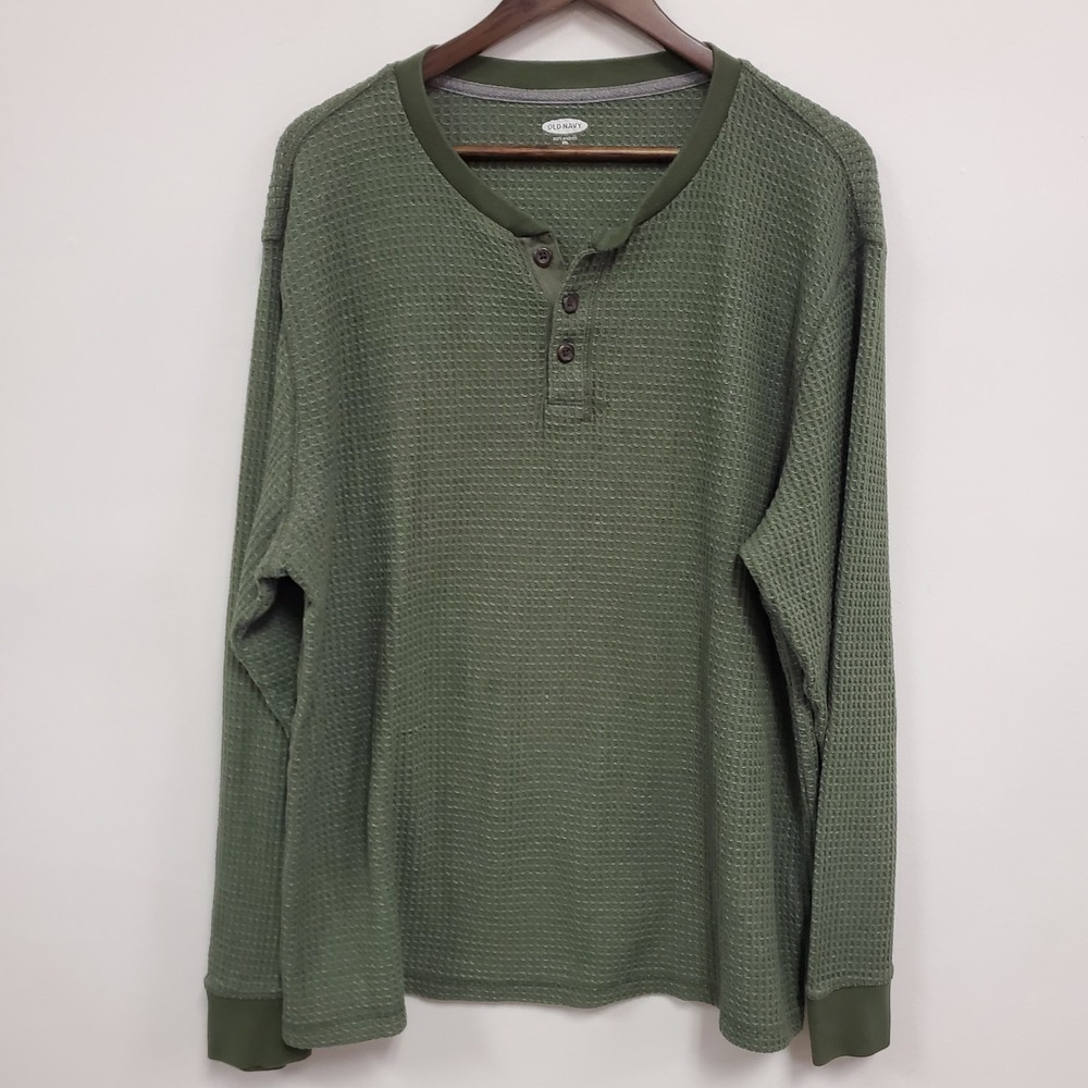 Old Navy Mens Long Sleeve Waffle Knit Thermal Henley Shirt Size XXL Green Preppy